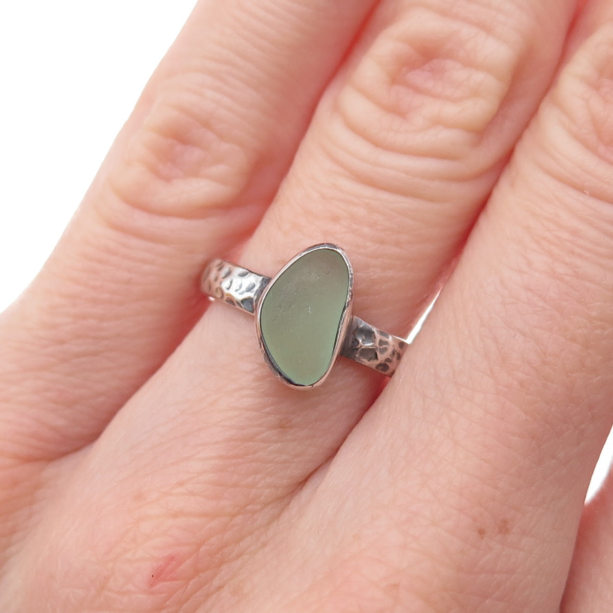 Lita 925 Sterling Silver Vintage Sea Glass Hammered Oxidized Ring Size 6