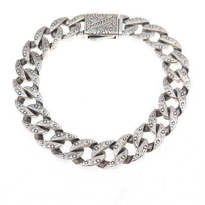 925 Sterling Silver Vintage Etched Floral Cuban Link Oxidized Bracelet 8.5"