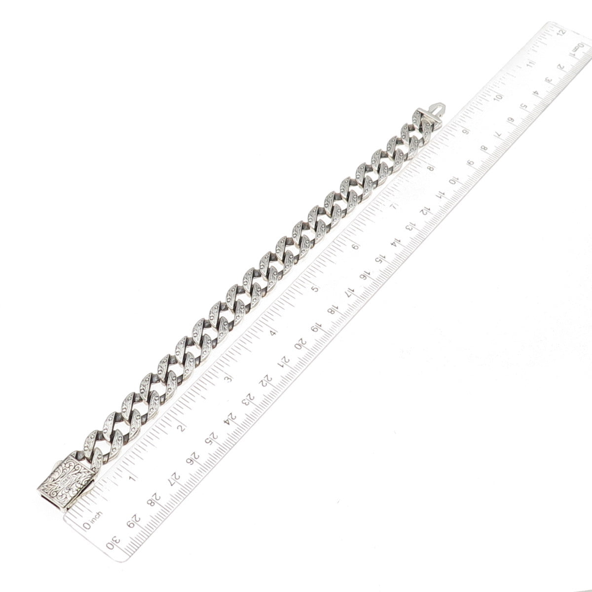 925 Sterling Silver Vintage Etched Floral Cuban Link Oxidized Bracelet 8.5"