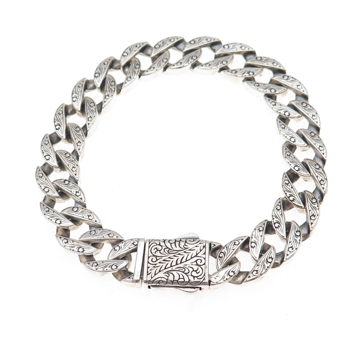 925 Sterling Silver Vintage Etched Floral Cuban Link Oxidized Bracelet 8.5"