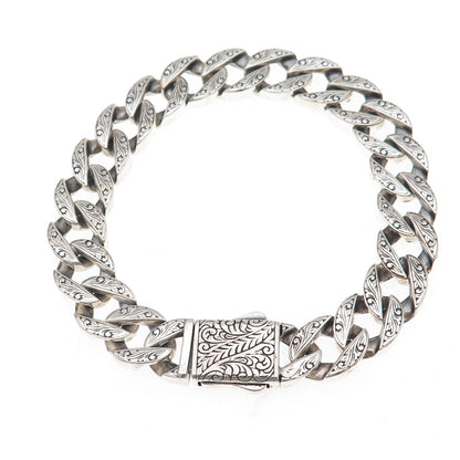 925 Sterling Silver Vintage Etched Floral Cuban Link Oxidized Bracelet 8.5"