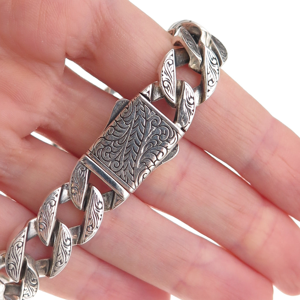 925 Sterling Silver Vintage Etched Floral Cuban Link Oxidized Bracelet 8.5"