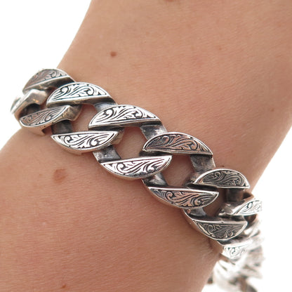925 Sterling Silver Vintage Etched Floral Cuban Link Oxidized Bracelet 8.5"