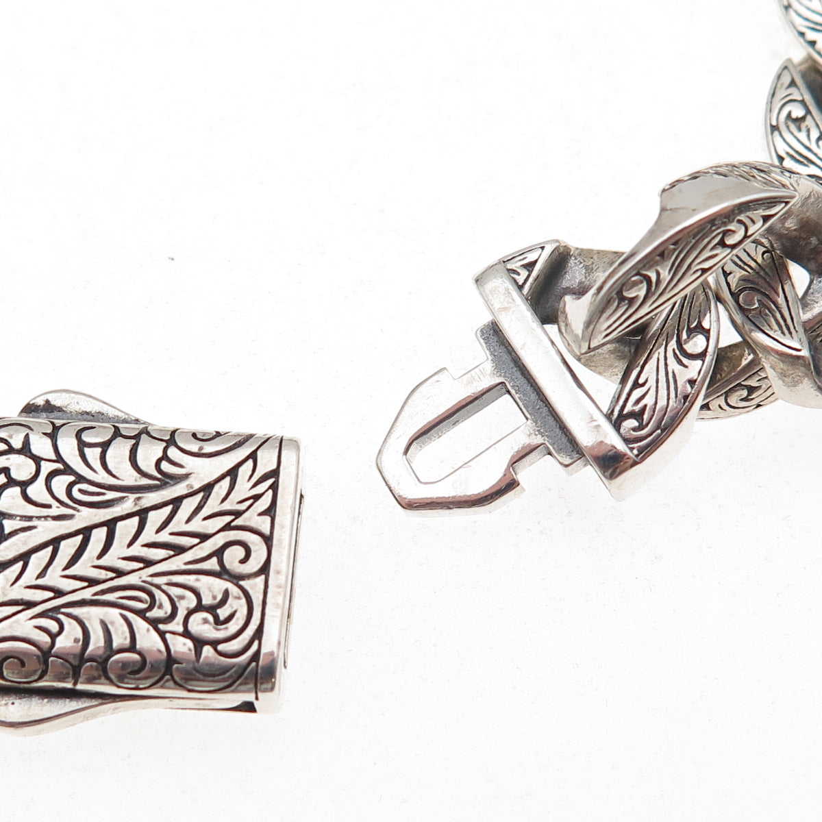 925 Sterling Silver Vintage Etched Floral Cuban Link Oxidized Bracelet 8.5"