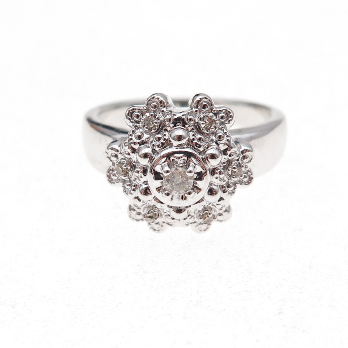 925 Sterling Silver Mexico Real Round-Cut Diamond Floral Ring Size 7