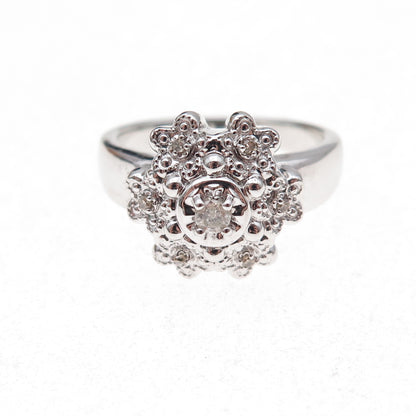 925 Sterling Silver Mexico Real Round-Cut Diamond Floral Ring Size 7