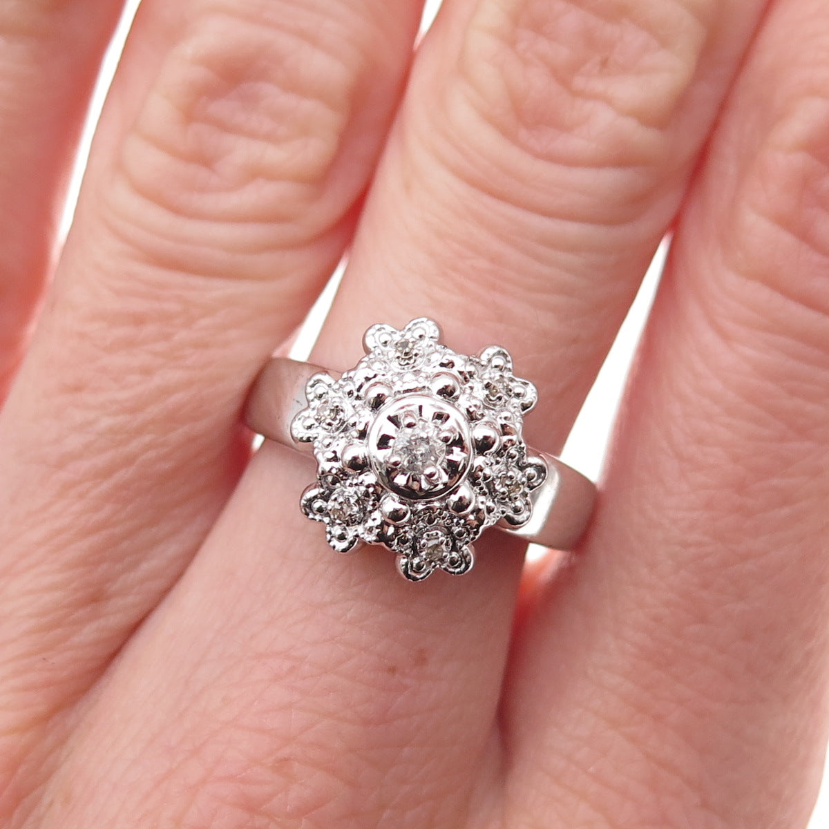 925 Sterling Silver Mexico Real Round-Cut Diamond Floral Ring Size 7