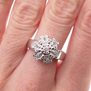 925 Sterling Silver Mexico Real Round-Cut Diamond Floral Ring Size 7