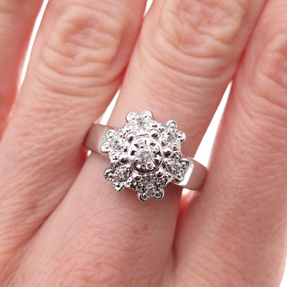 925 Sterling Silver Mexico Real Round-Cut Diamond Floral Ring Size 7