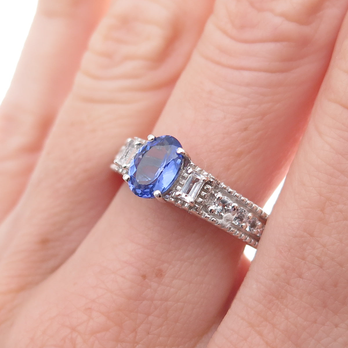 Chuck Clemency 925 Sterling Silver Real Tanzanite & White Topaz Ring Size 8.25