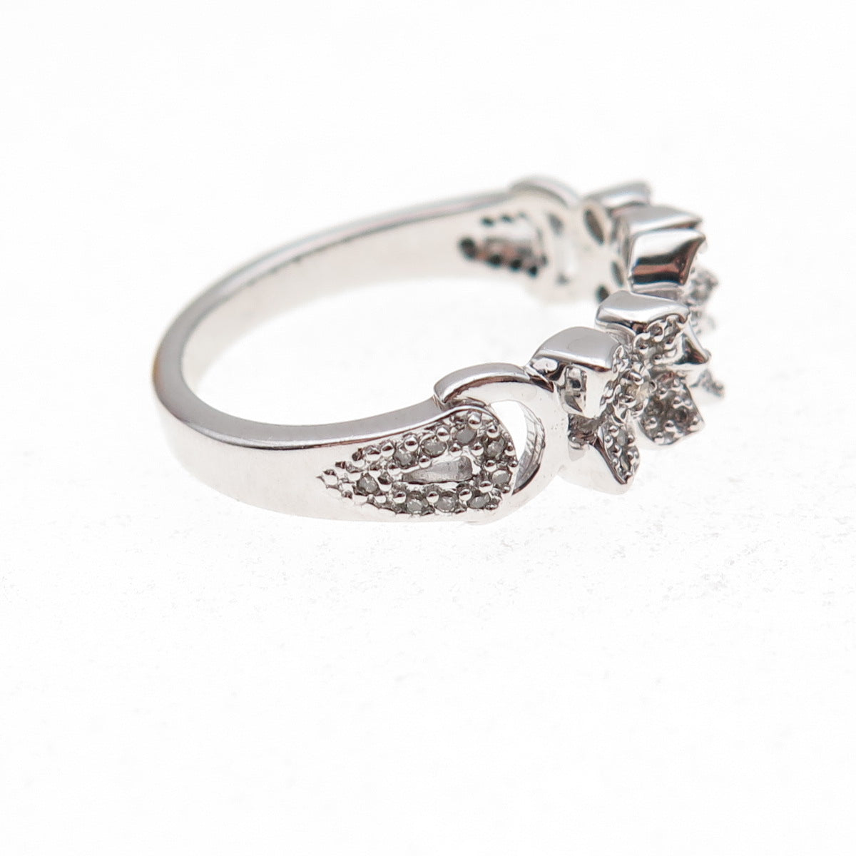 925 Sterling Silver Mexico Real Round-Cut Diamond Floral Ring Size 7