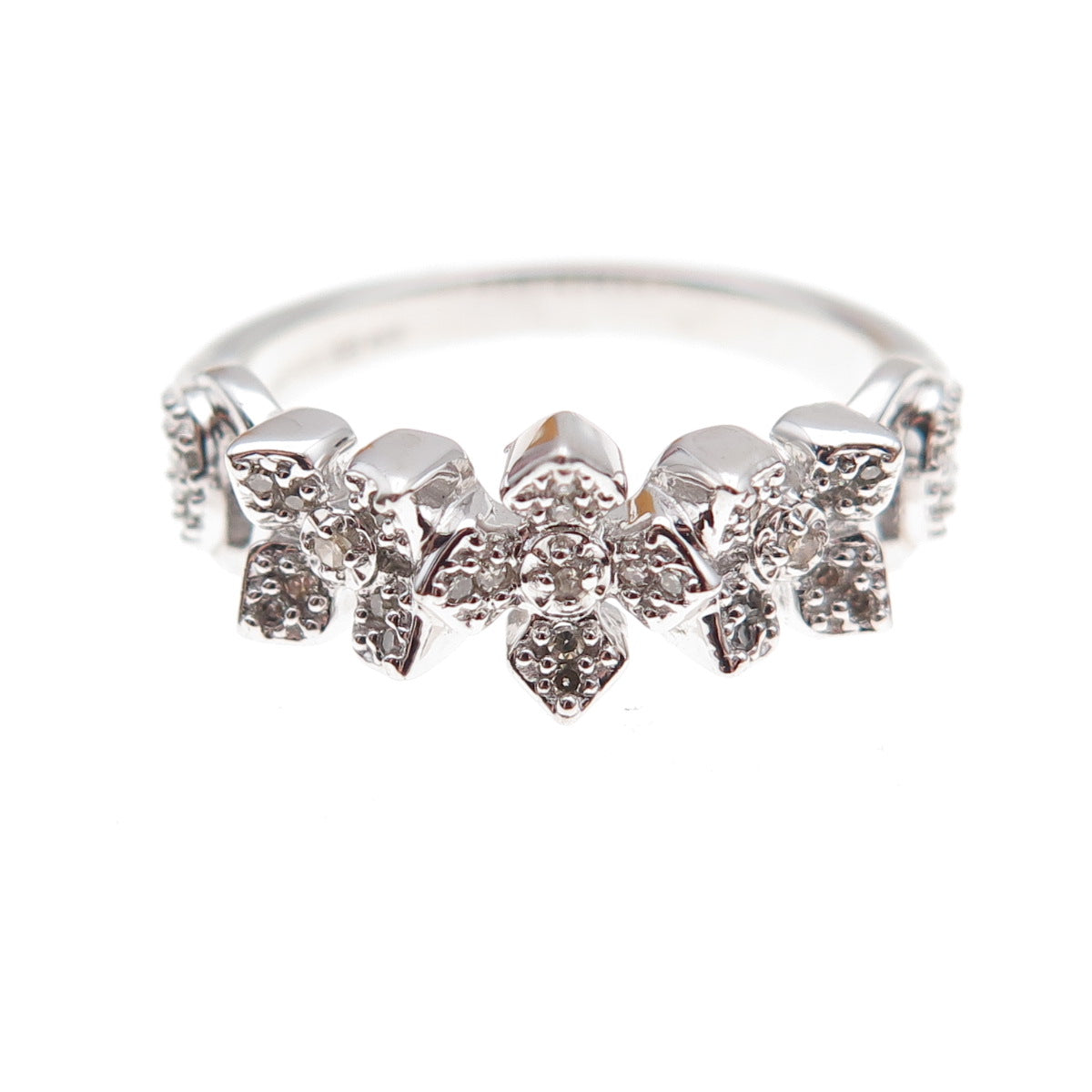 925 Sterling Silver Mexico Real Round-Cut Diamond Floral Ring Size 7