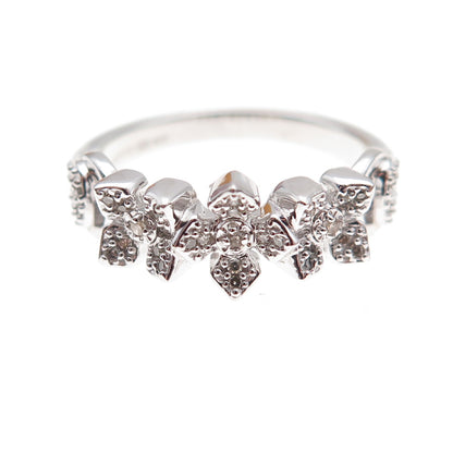 925 Sterling Silver Mexico Real Round-Cut Diamond Floral Ring Size 7