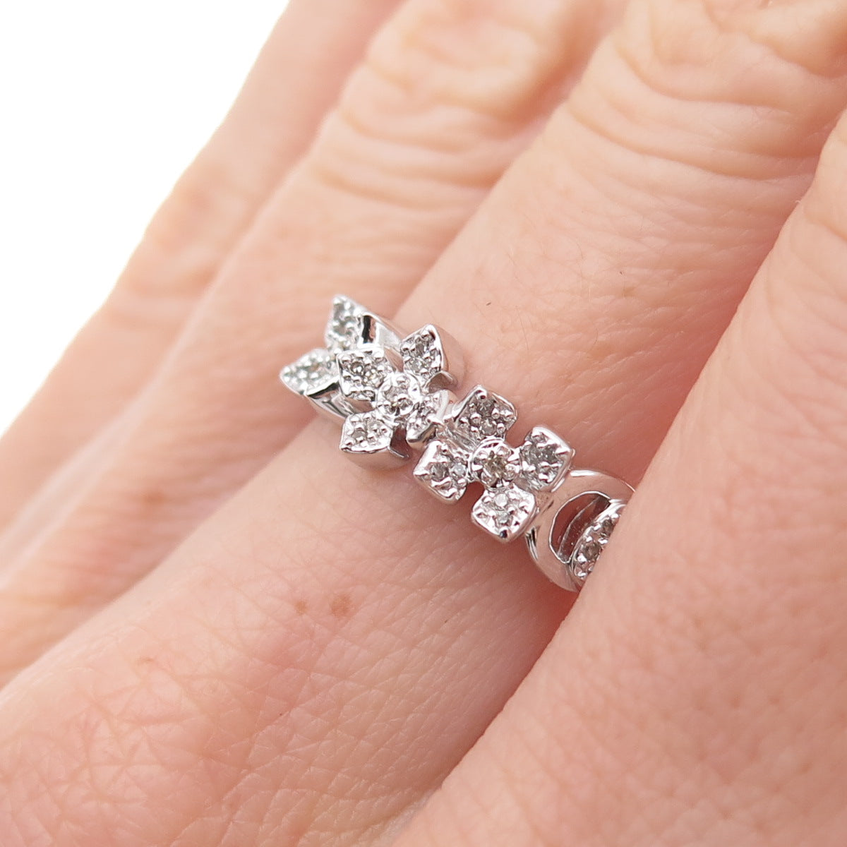 925 Sterling Silver Mexico Real Round-Cut Diamond Floral Ring Size 7