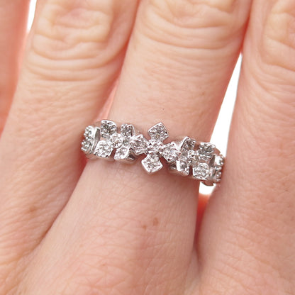 925 Sterling Silver Mexico Real Round-Cut Diamond Floral Ring Size 7