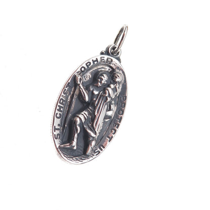Hayward 925 Sterling Silver Vintage St. Christopher Oxidized Charm Pendant