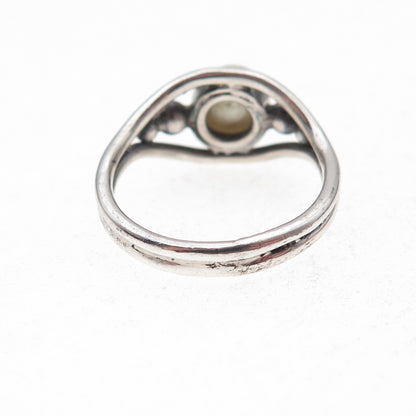 925 Sterling Silver Vintage Real Pearl Modernist Oxidized Ring Size 5.75