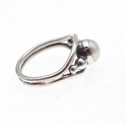 925 Sterling Silver Vintage Real Pearl Modernist Oxidized Ring Size 5.75