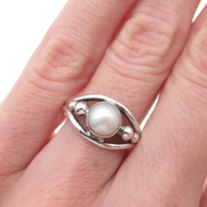 925 Sterling Silver Vintage Real Pearl Modernist Oxidized Ring Size 5.75