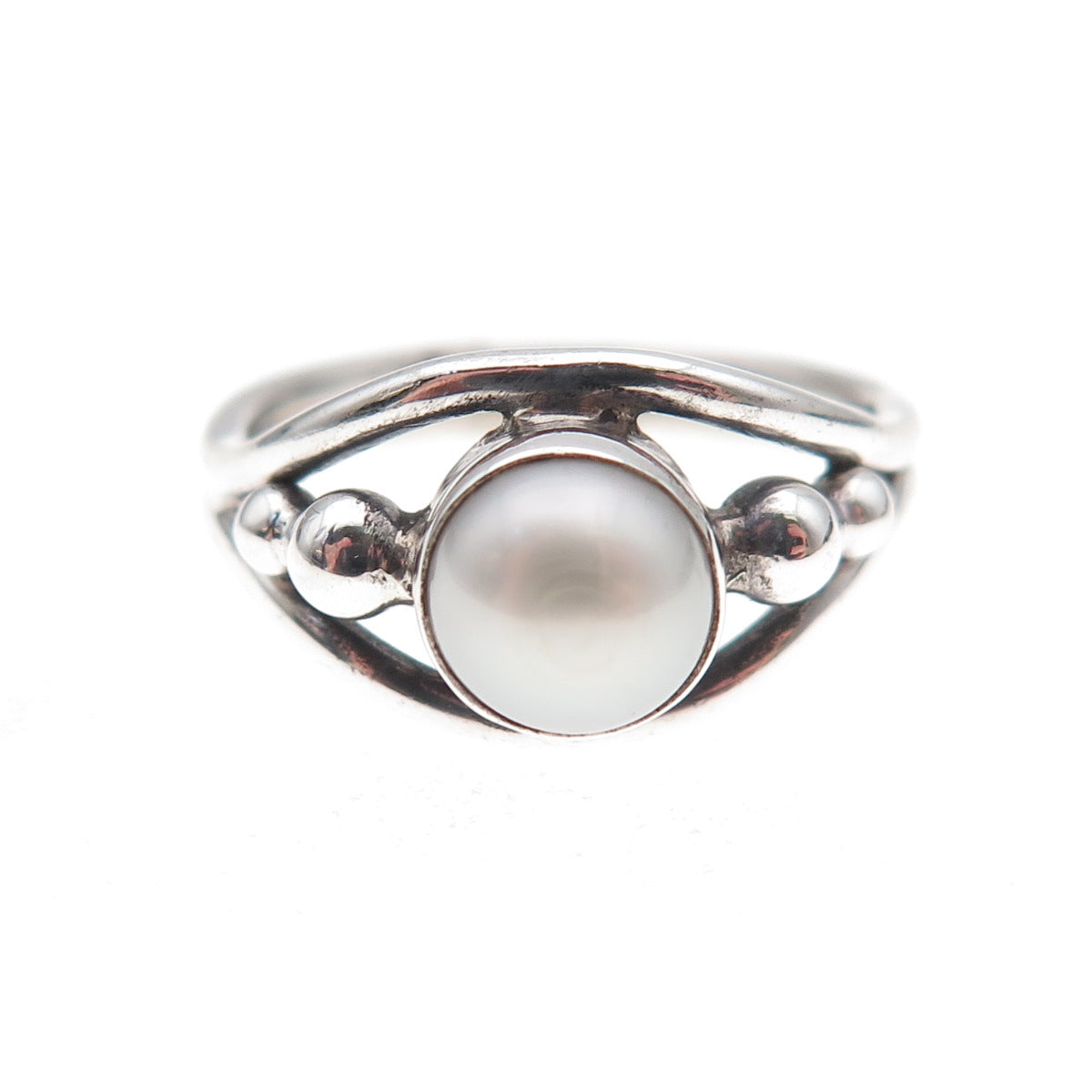 925 Sterling Silver Vintage Real Pearl Modernist Oxidized Ring Size 5.75