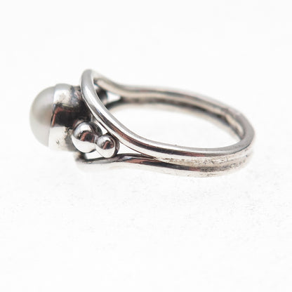925 Sterling Silver Vintage Real Pearl Modernist Oxidized Ring Size 5.75