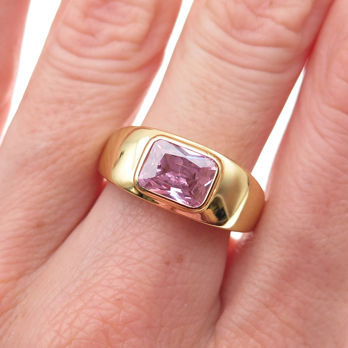 925 Sterling Silver Gold Plated Radiant-Cut Pink C Z Ring Size 8