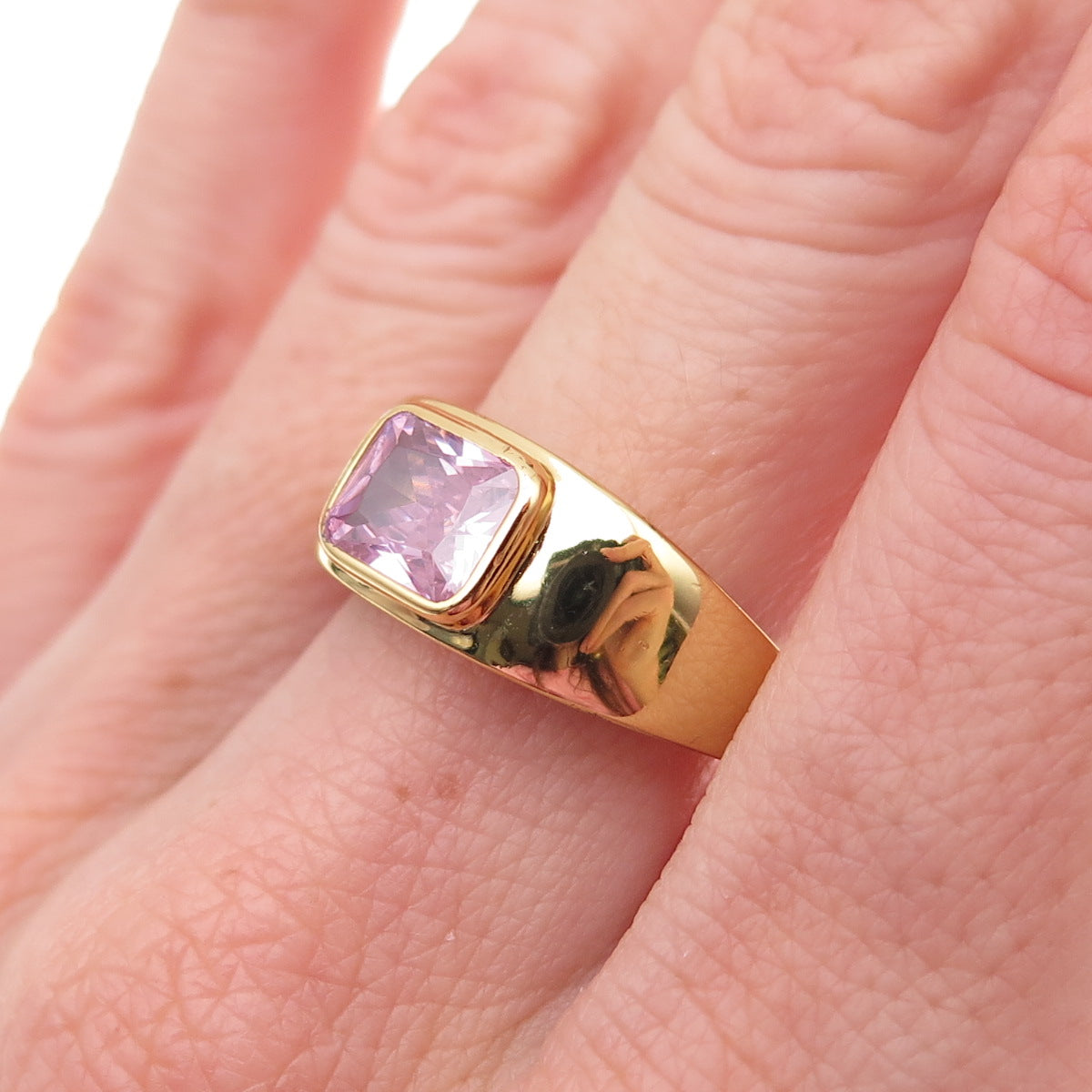 925 Sterling Silver Gold Plated Radiant-Cut Pink C Z Ring Size 8