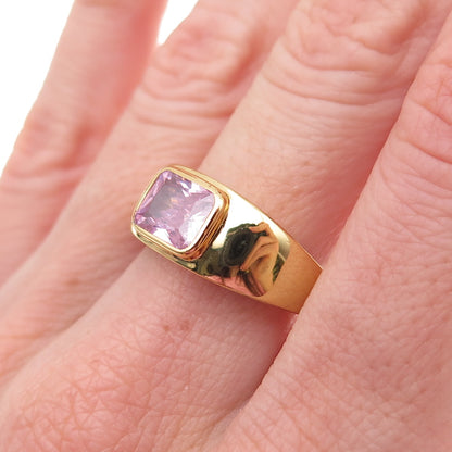 925 Sterling Silver Gold Plated Radiant-Cut Pink C Z Ring Size 8