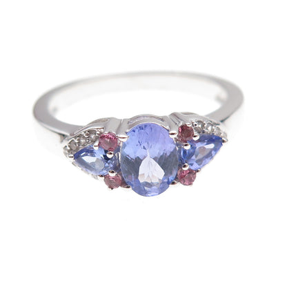 925 Sterling Silver Real Tanzanite Amethyst & White Topaz Ring Size 8