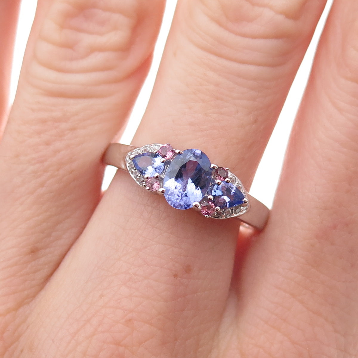 925 Sterling Silver Real Tanzanite Amethyst & White Topaz Ring Size 8