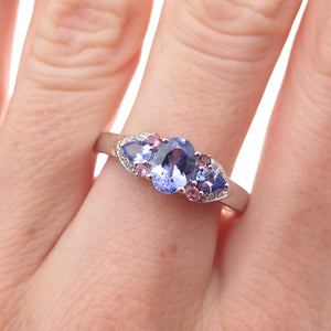 925 Sterling Silver Real Tanzanite Amethyst & White Topaz Ring Size 8