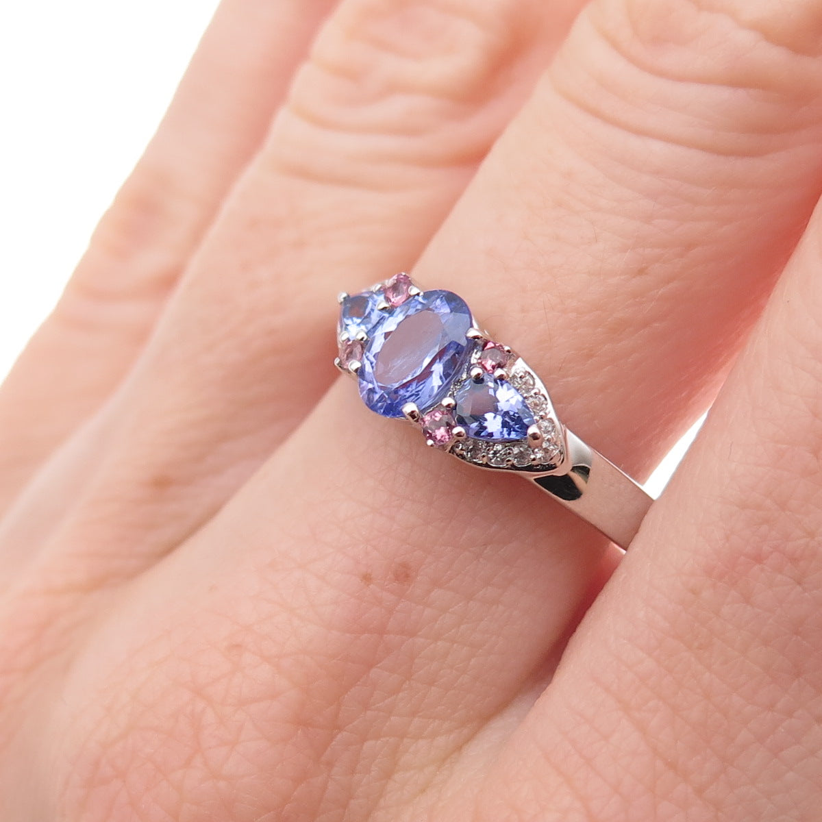 925 Sterling Silver Real Tanzanite Amethyst & White Topaz Ring Size 8