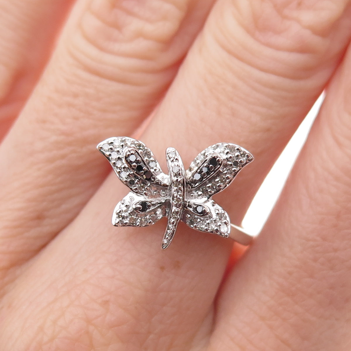925 Sterling Silver Real Black & White Diamond Butterfly Ring Size 7