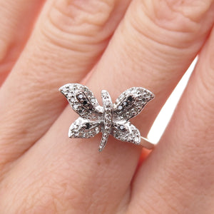 925 Sterling Silver Real Black & White Diamond Butterfly Ring Size 7