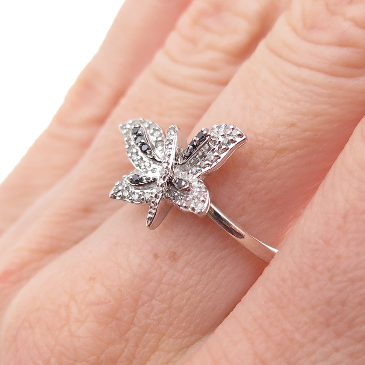 925 Sterling Silver Real Black & White Diamond Butterfly Ring Size 7
