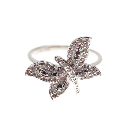 925 Sterling Silver Real Black & White Diamond Butterfly Ring Size 7