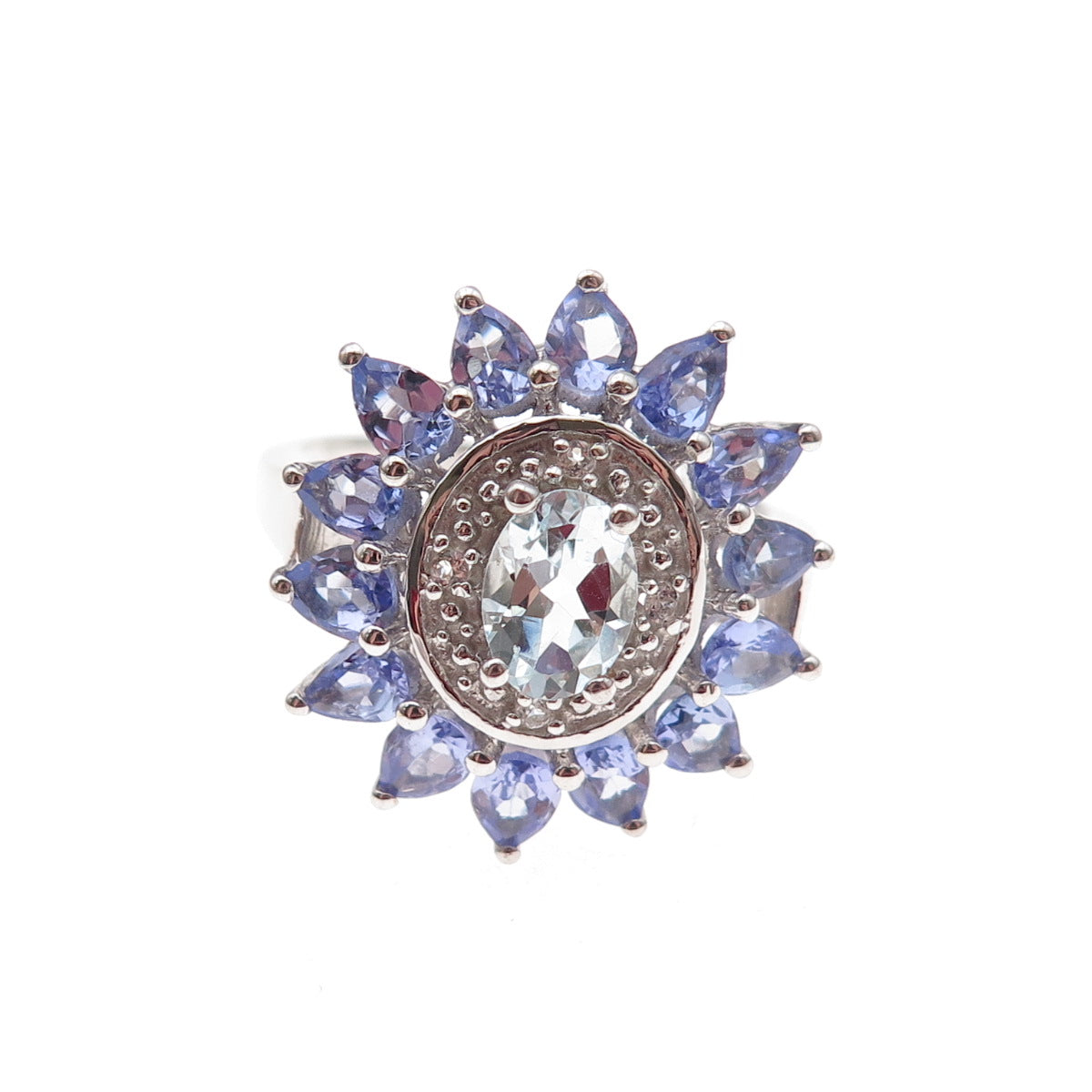 925 Sterling Silver Real Aquamarine Tanzanite & White Topaz Floral Ring Size 8