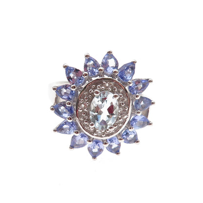 925 Sterling Silver Real Aquamarine Tanzanite & White Topaz Floral Ring Size 8