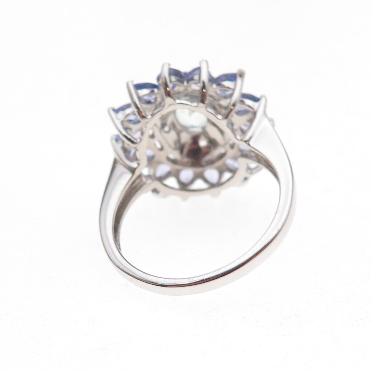 925 Sterling Silver Real Aquamarine Tanzanite & White Topaz Floral Ring Size 8