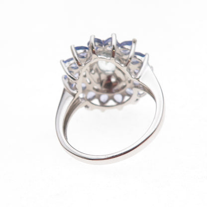 925 Sterling Silver Real Aquamarine Tanzanite & White Topaz Floral Ring Size 8