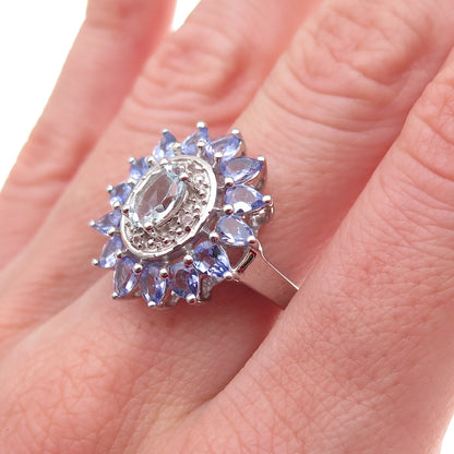 925 Sterling Silver Real Aquamarine Tanzanite & White Topaz Floral Ring Size 8