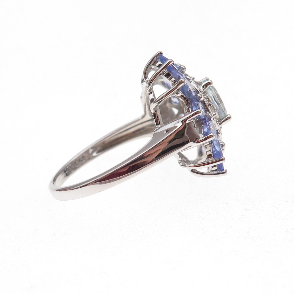 925 Sterling Silver Real Aquamarine Tanzanite & White Topaz Floral Ring Size 8