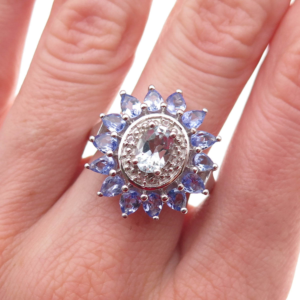 925 Sterling Silver Real Aquamarine Tanzanite & White Topaz Floral Ring Size 8