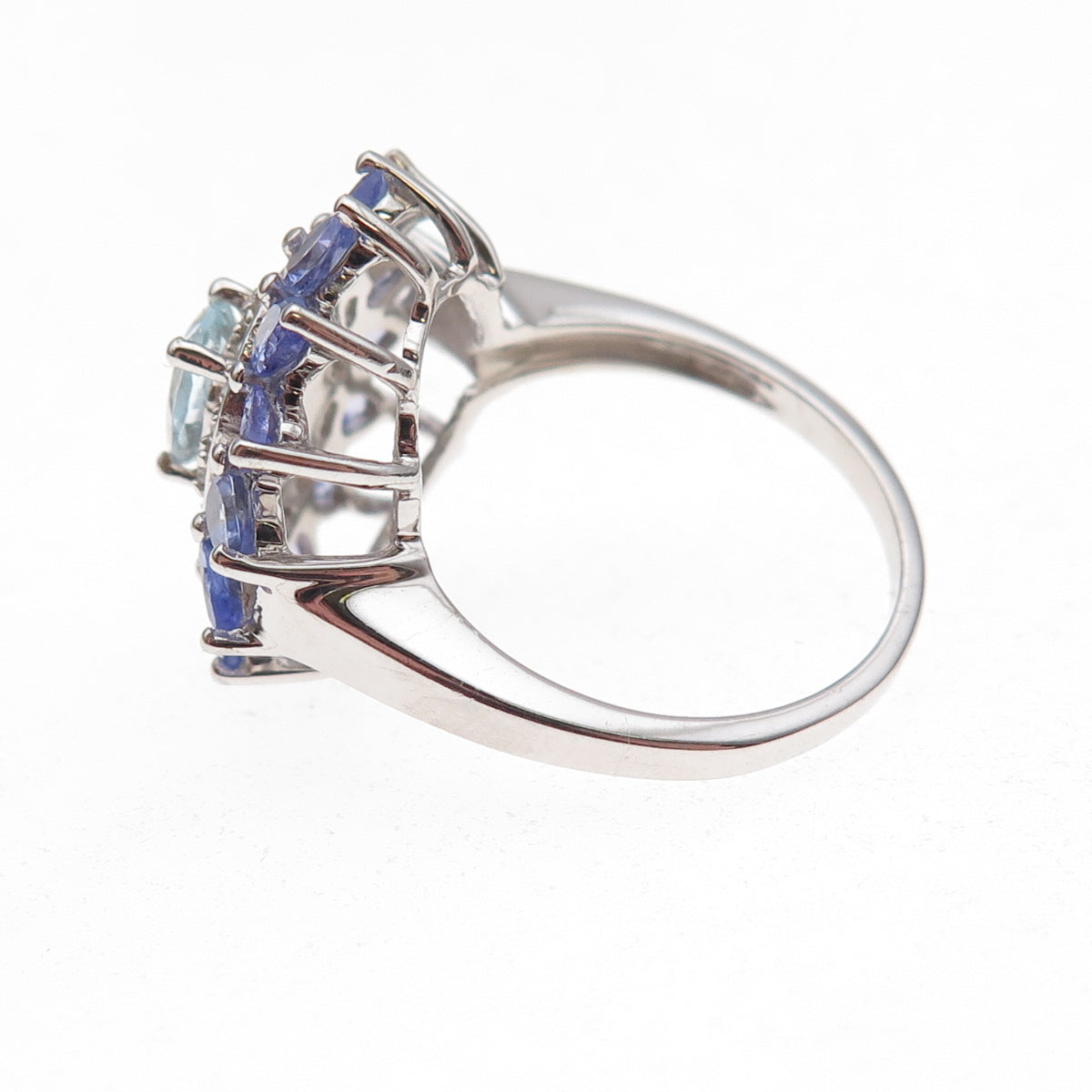 925 Sterling Silver Real Aquamarine Tanzanite & White Topaz Floral Ring Size 8