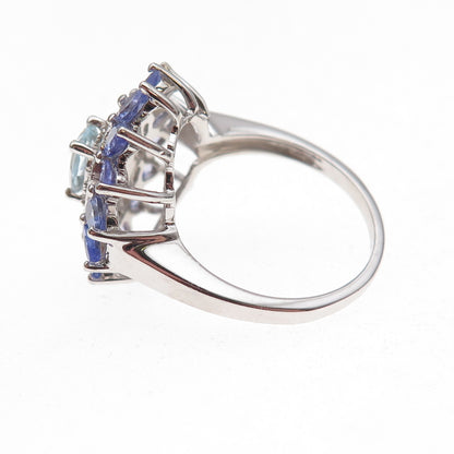 925 Sterling Silver Real Aquamarine Tanzanite & White Topaz Floral Ring Size 8