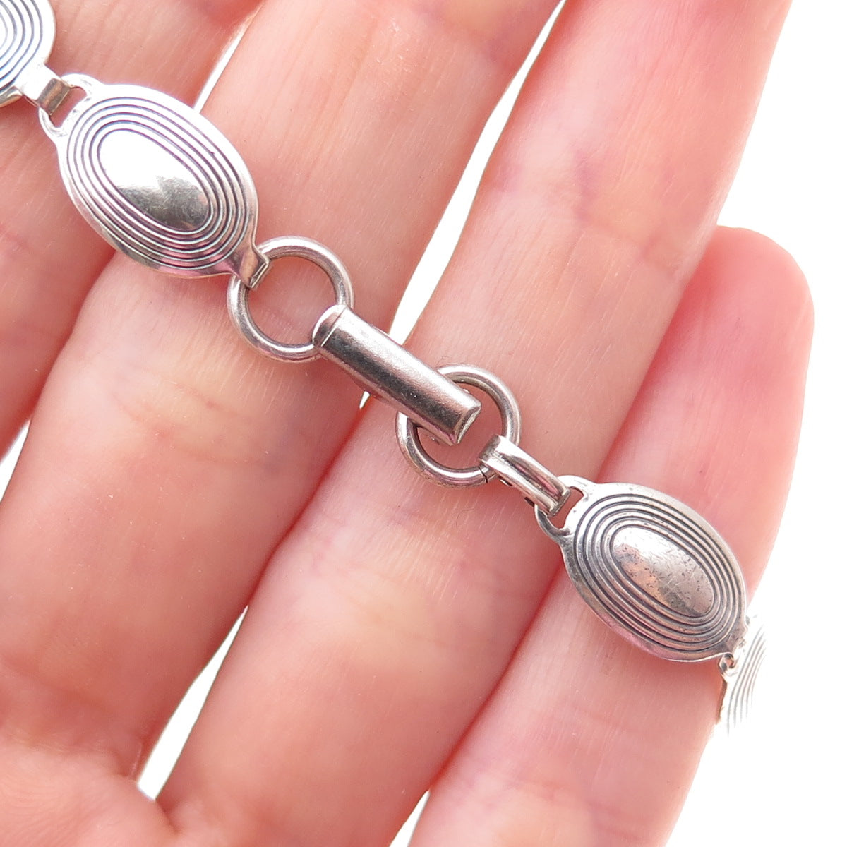 Beau 925 Sterling Silver Antique Art Deco Oval Panel Link Bracelet 7.5"