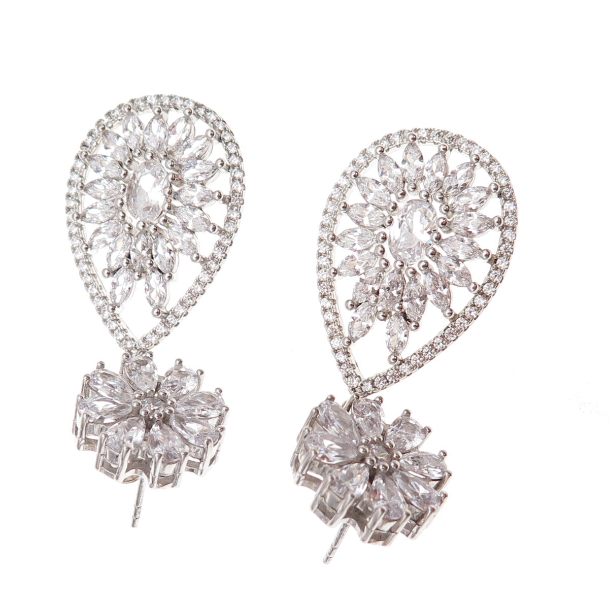 925 Sterling Silver Multi-Cut C Z Floral Teardrop Dangle Earrings