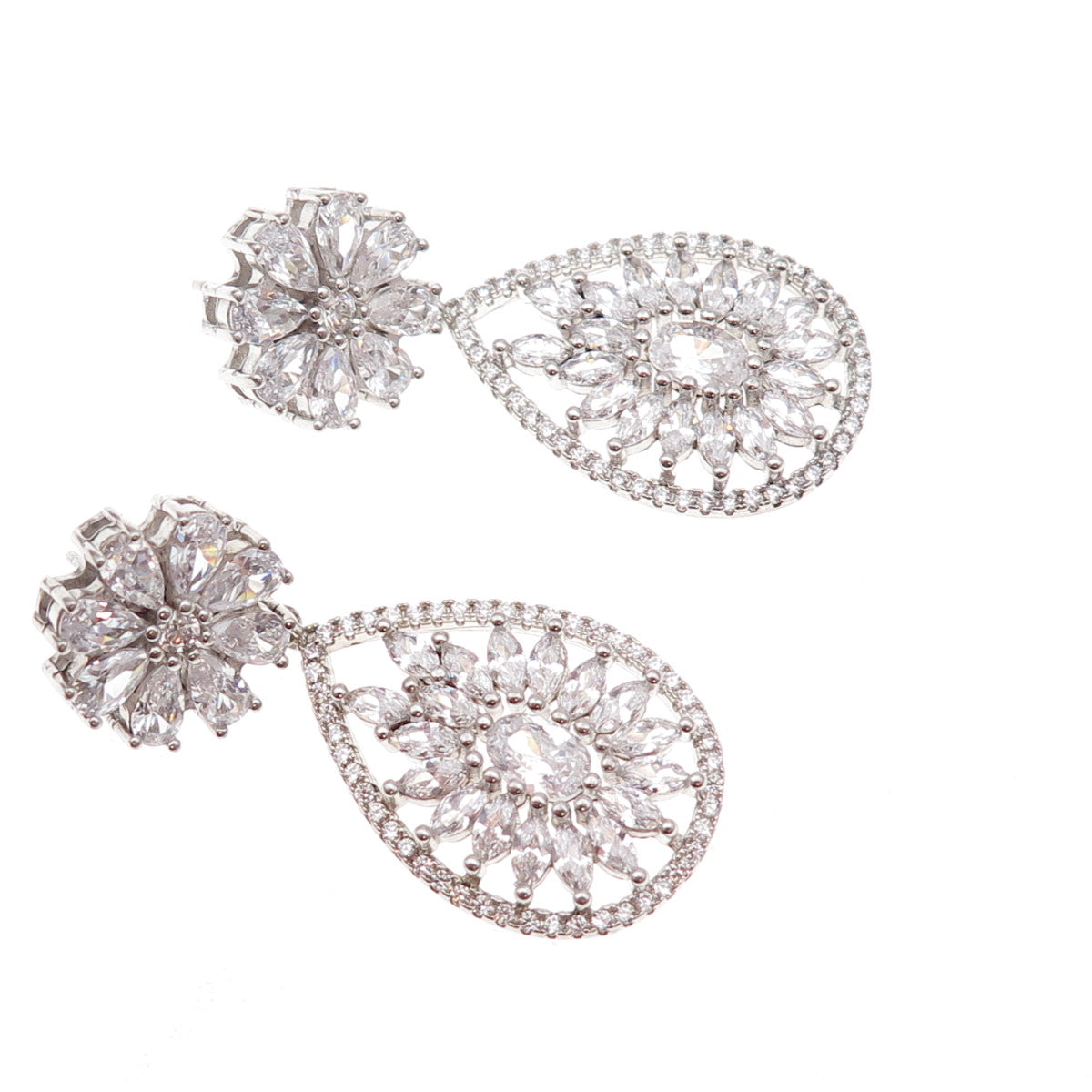 925 Sterling Silver Multi-Cut C Z Floral Teardrop Dangle Earrings