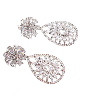 925 Sterling Silver Multi-Cut C Z Floral Teardrop Dangle Earrings