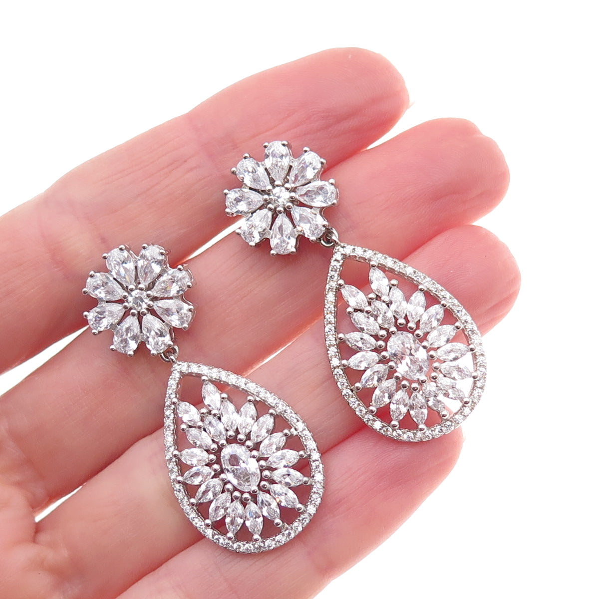 925 Sterling Silver Multi-Cut C Z Floral Teardrop Dangle Earrings